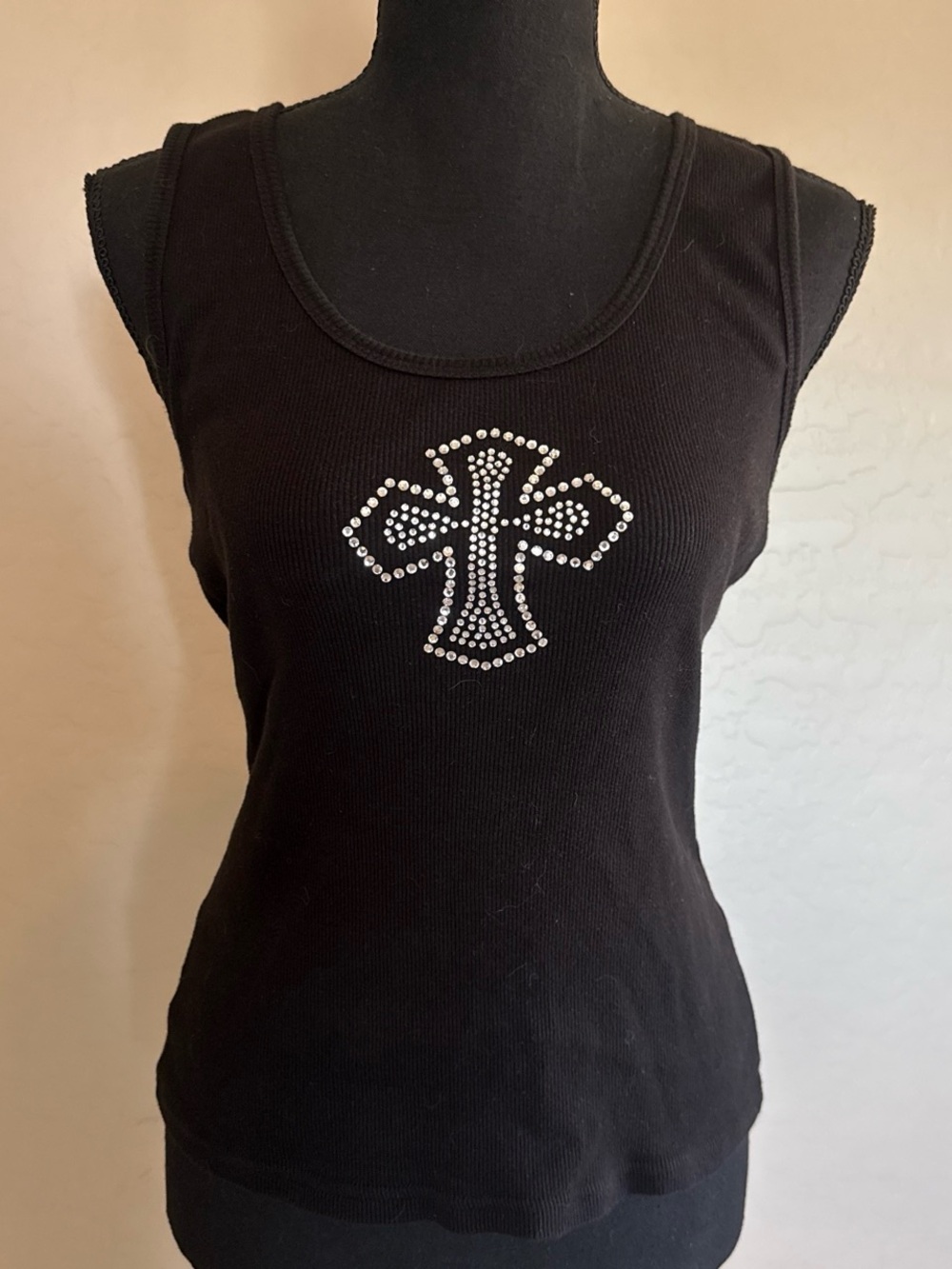 Black Rhinestone Cross Ribbed Tank Top - Women